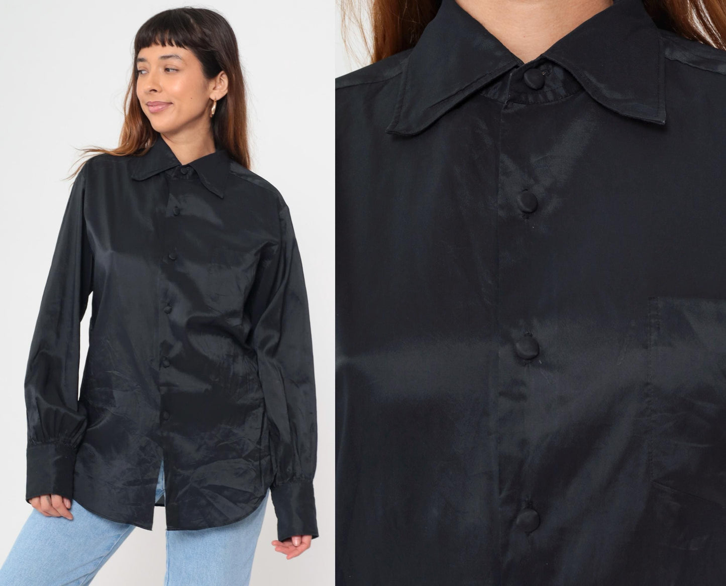 70s Elson Black Button-Up Shirt Pointed Collar Long Sleeve Medium M
