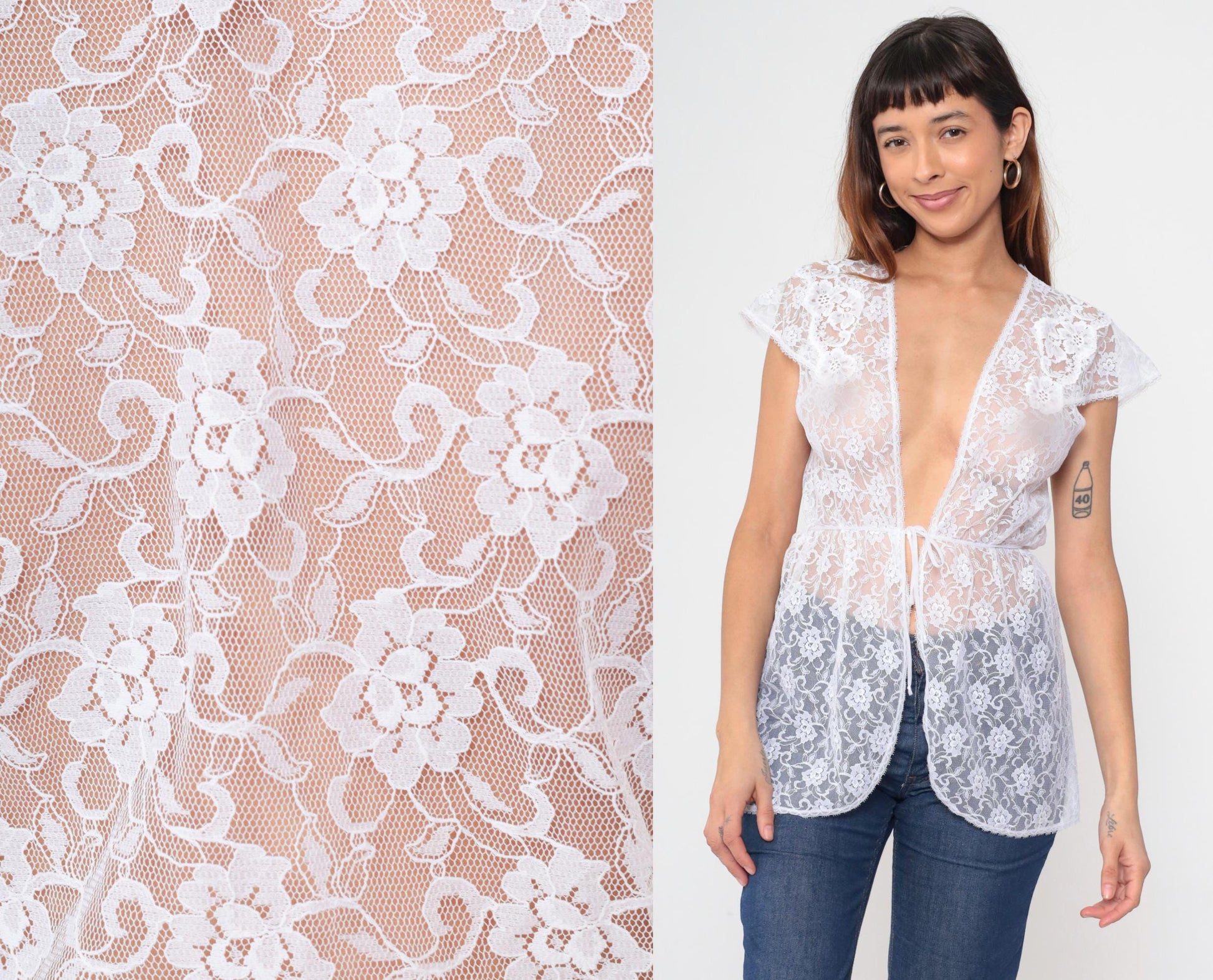 90s Karessa White Lace Blouse Floral Tie Front Cap Sleeve Small S