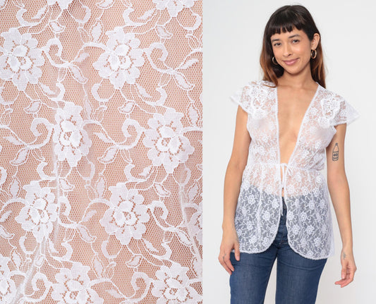 90s Karessa White Lace Blouse Floral Tie Front Cap Sleeve Small S
