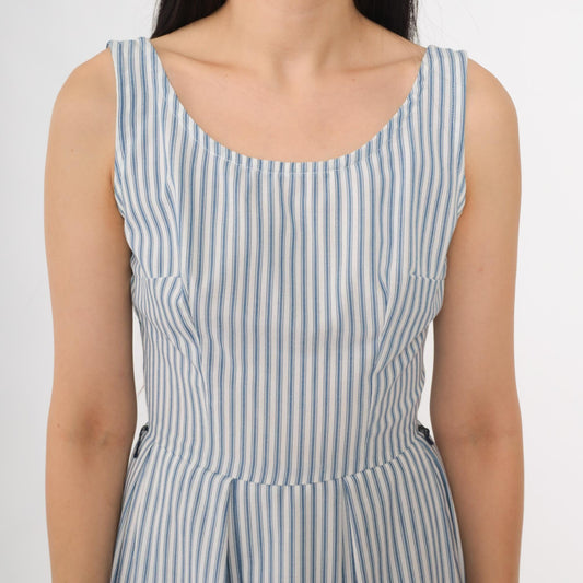60s Blue White Striped Seersucker Sundress Sleeveless A-Line Scoop Neck Extra Small