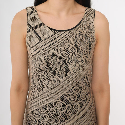 Y2K Crochet Lace Midi Dress Taupe Geometric Fringe Bodycon Small