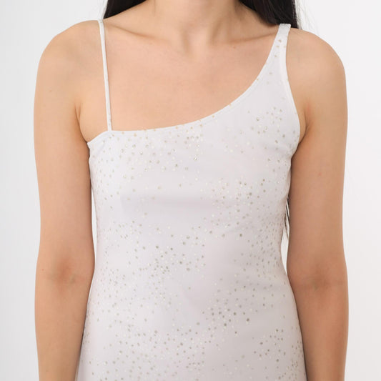 Y2K White Sequin One-Shoulder Slip Dress Midi Silver Bodycon Medium M