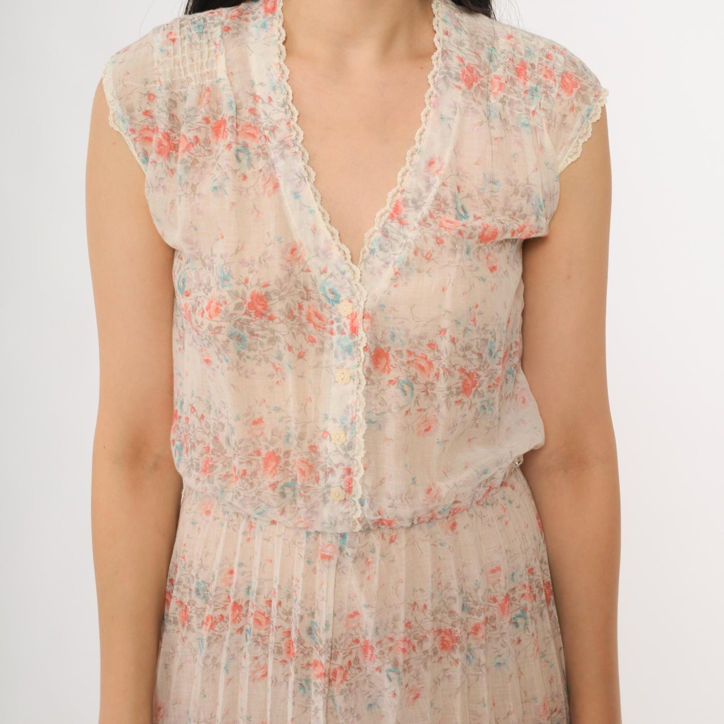 70s Cream Floral Prairie Dress Sleeveless V-Neck Midi Lace Trim Small