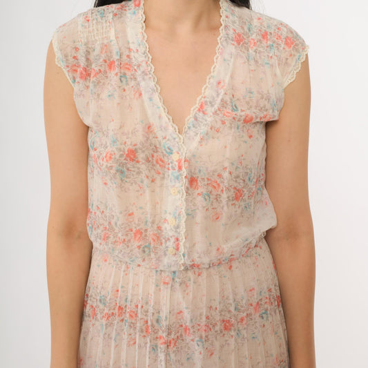 70s Cream Floral Prairie Dress Sleeveless V-Neck Midi Lace Trim Small