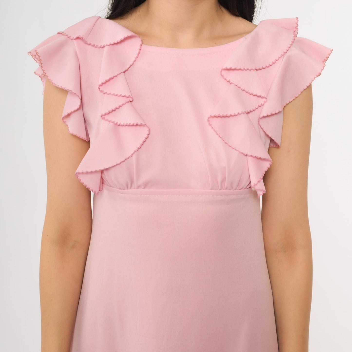70s Pink Ruffle Maxi Dress Open Back Empire Waist Small