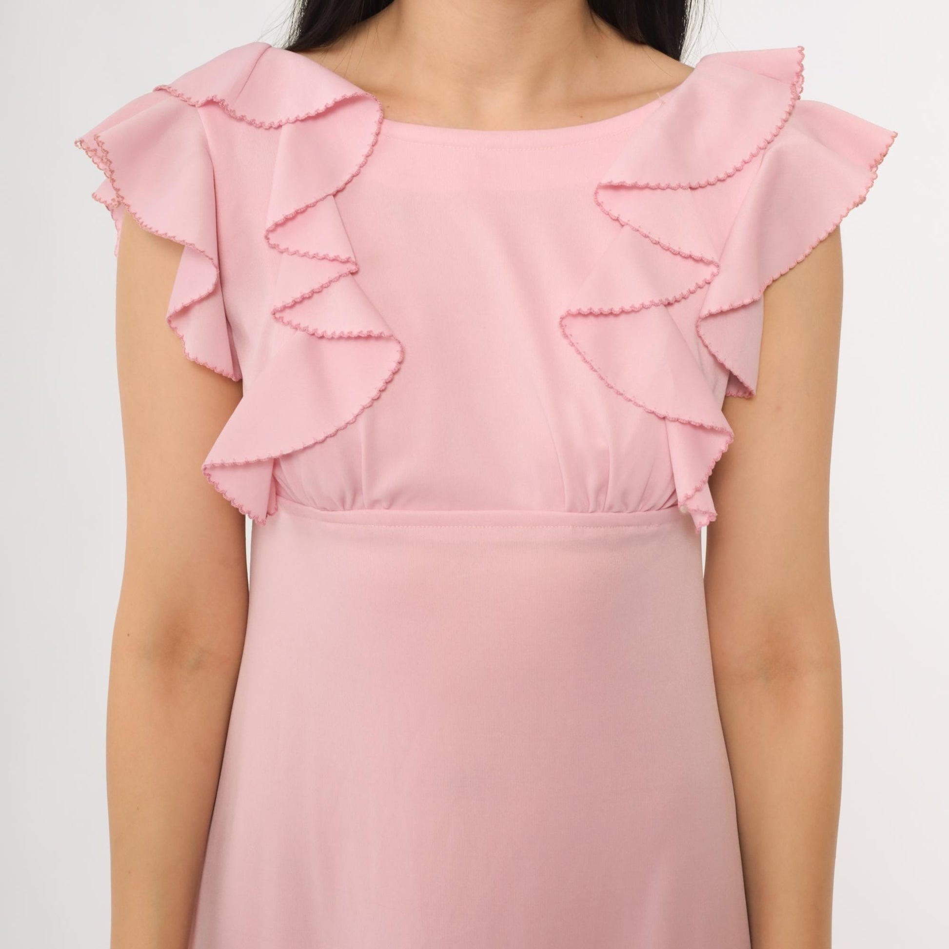 70s Pink Ruffle Maxi Dress Open Back Empire Waist Small