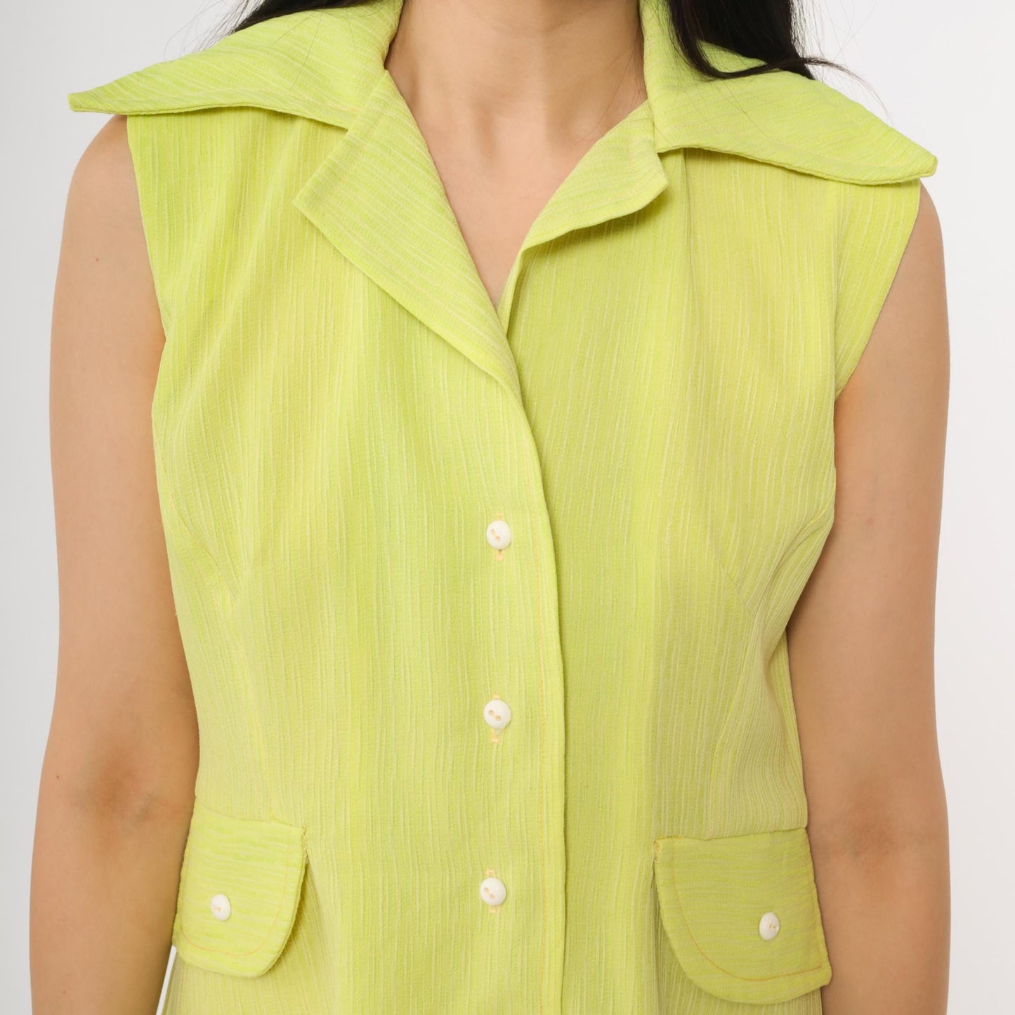 70s Lime Green Mod Mini Dress Pointed Collar A-Line Shift Medium M