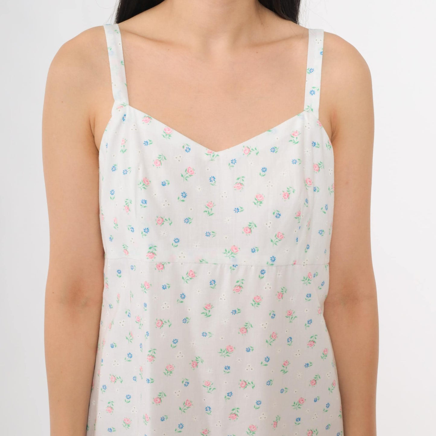 80s Floral Sundress White Pink Blue Cotton Sweetheart Neckline Small