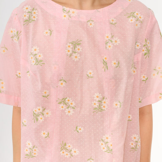 70s Pink Daisy Floral Midi Dress Short Sleeve Pullover Cotton Large