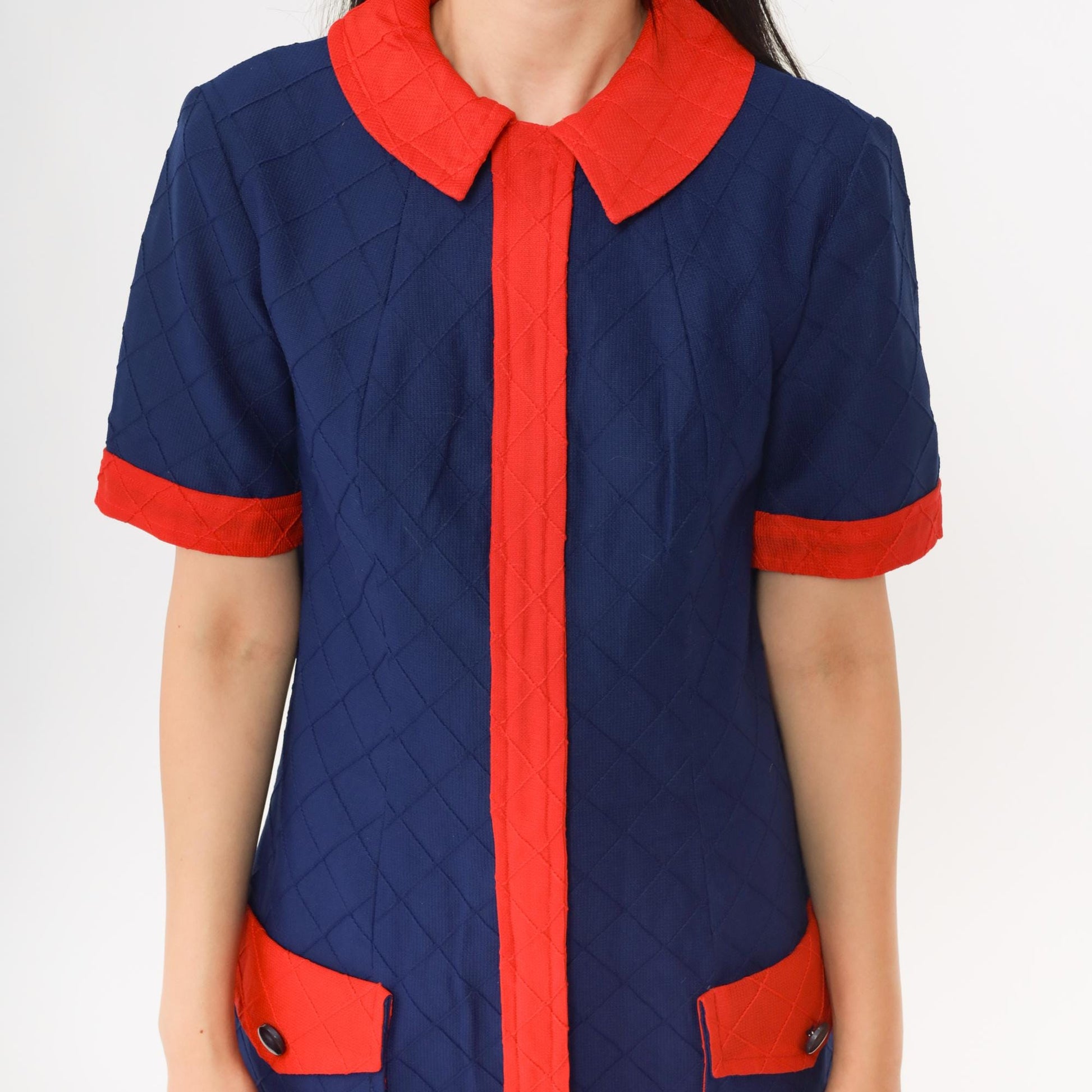 60s Mod Mini Dress Navy Red Colorblock Peter Pan Collar Shift Medium M