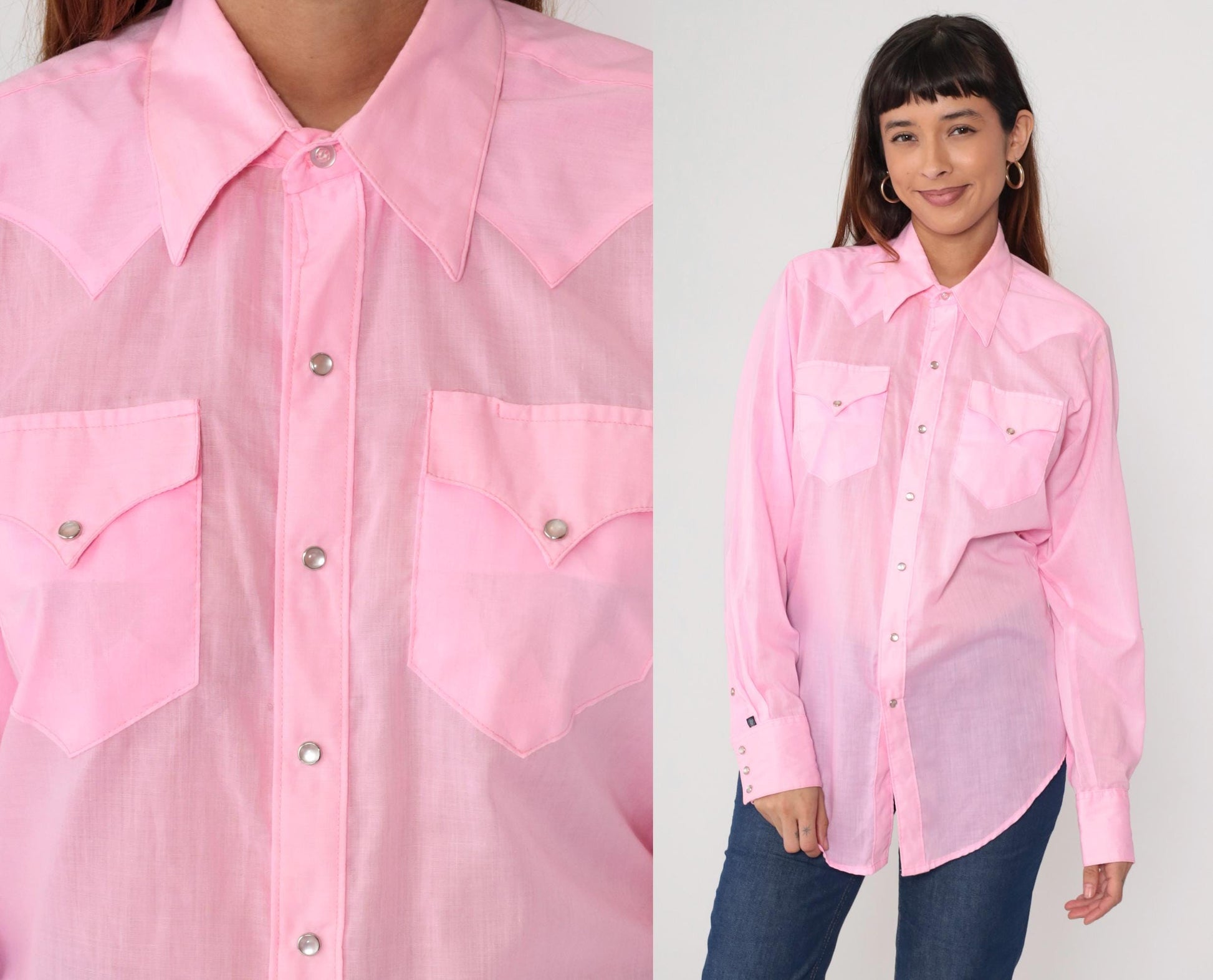 70s Rockmount Ranch Wear Pearl Snap Western Shirt Baby Pink Dagger Collar Medium
