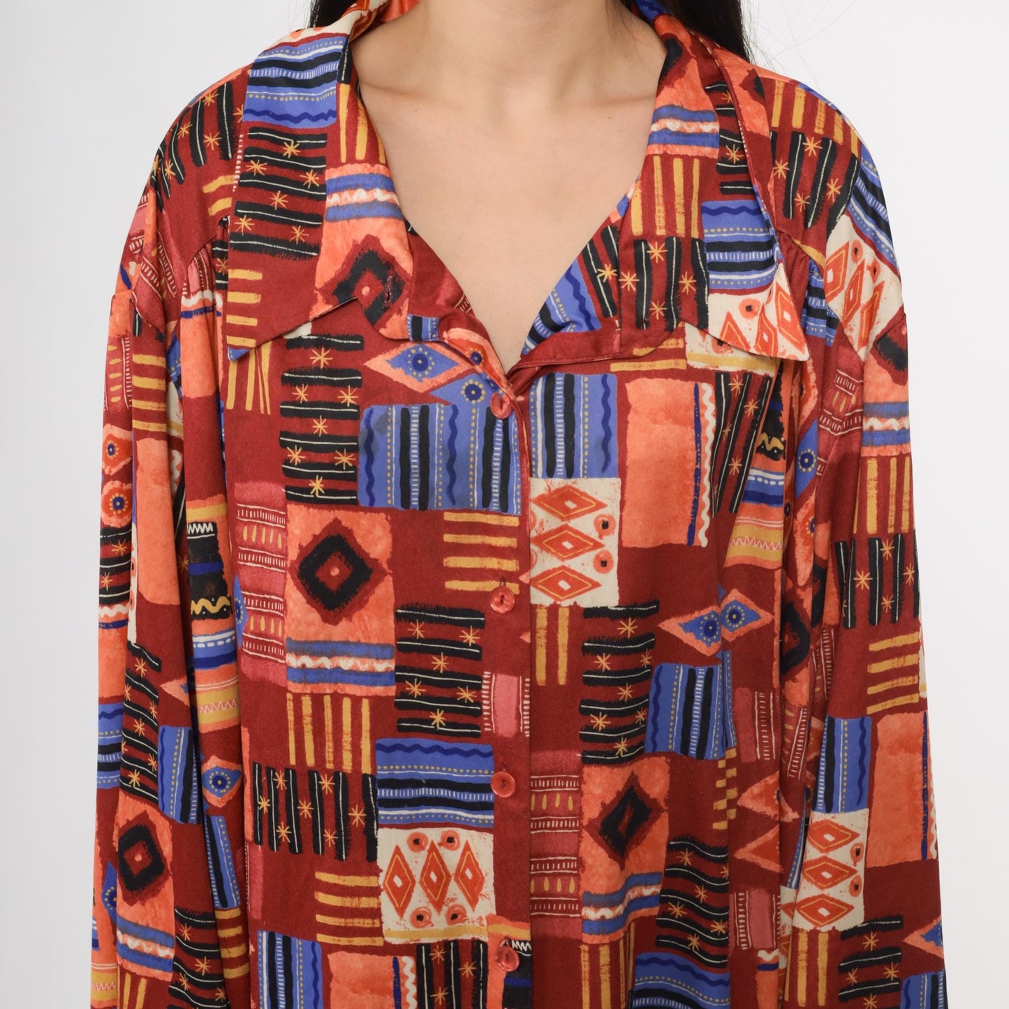90s Sue Brett Tribal Print Mini Shirt Dress Button Front Long Sleeve Plus Size XXL