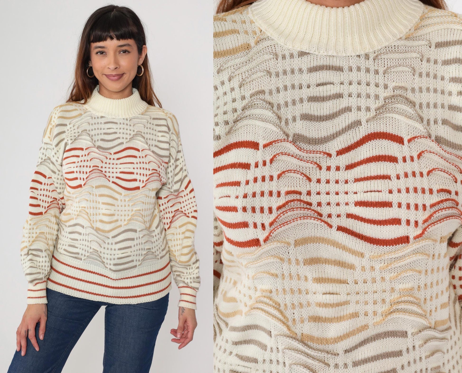 80s Cream Wave Pattern Turtleneck Sweater Red Tan Chunky Knit Small S