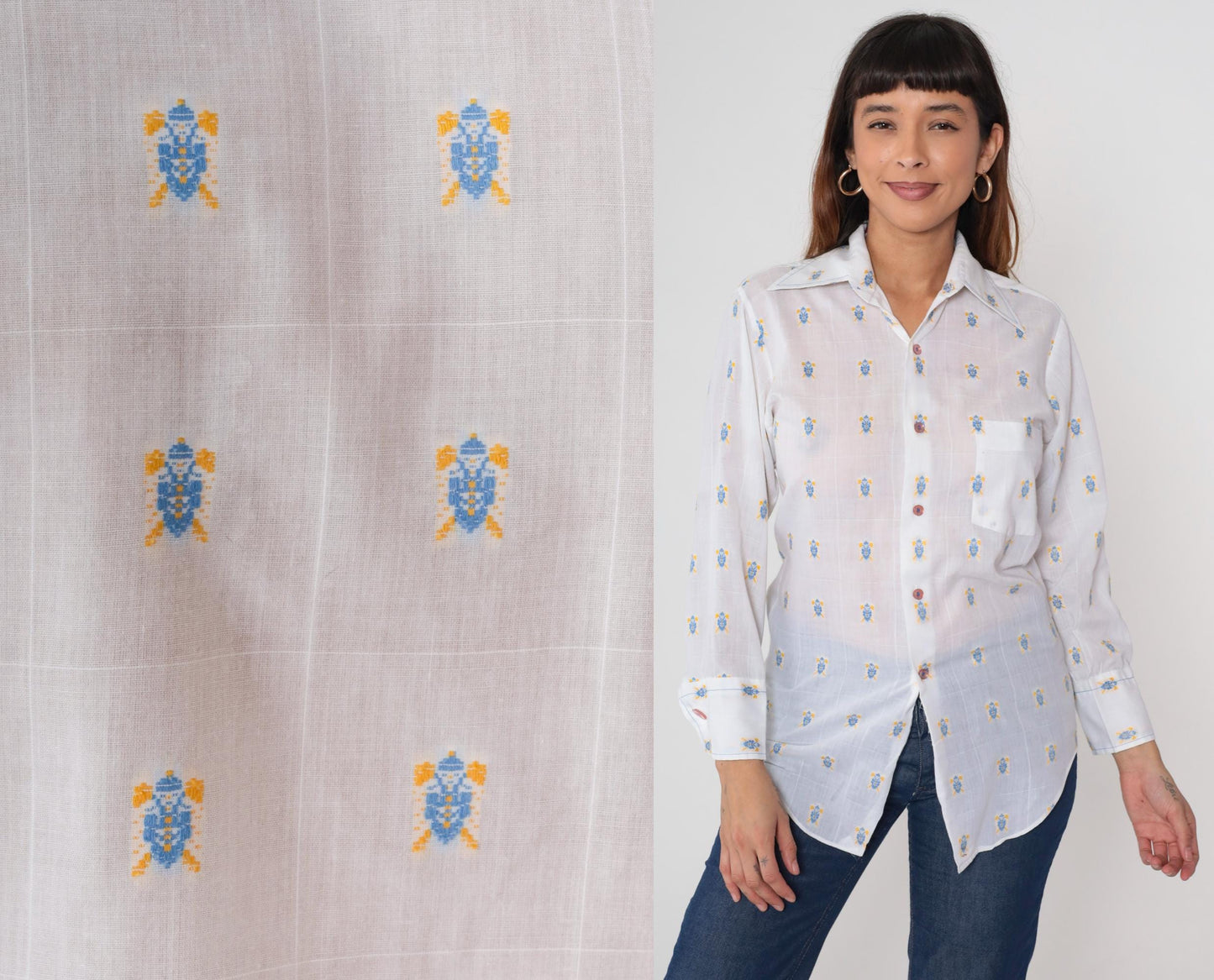 70s Lancer of California Turtle Print Button-Up Shirt White Cotton Medium