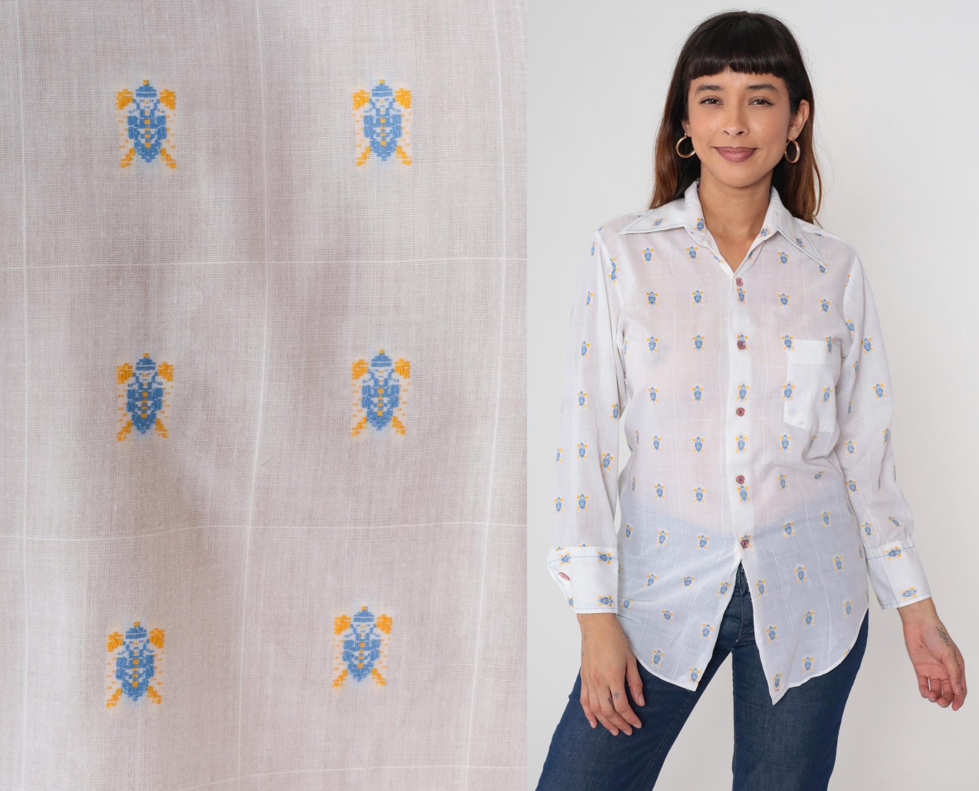 70s Lancer of California Turtle Print Button-Up Shirt White Cotton Medium