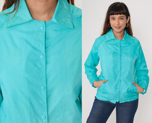 80s Teal Nylon Windbreaker Snap-Up Jacket Cotton Lined Small