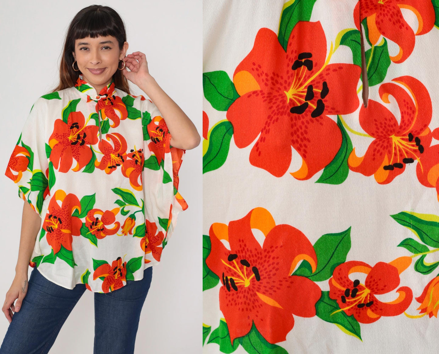 70s Waltah Clarkes Tropical Floral Caftan Kimono Blouse White One Size