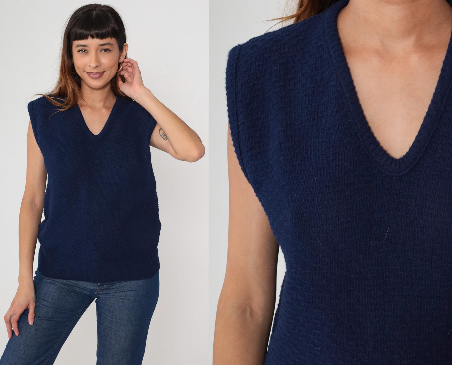 80s Navy Ribbed Knit Sweater Vest Scoop Neck Sleeveless Tank Large L