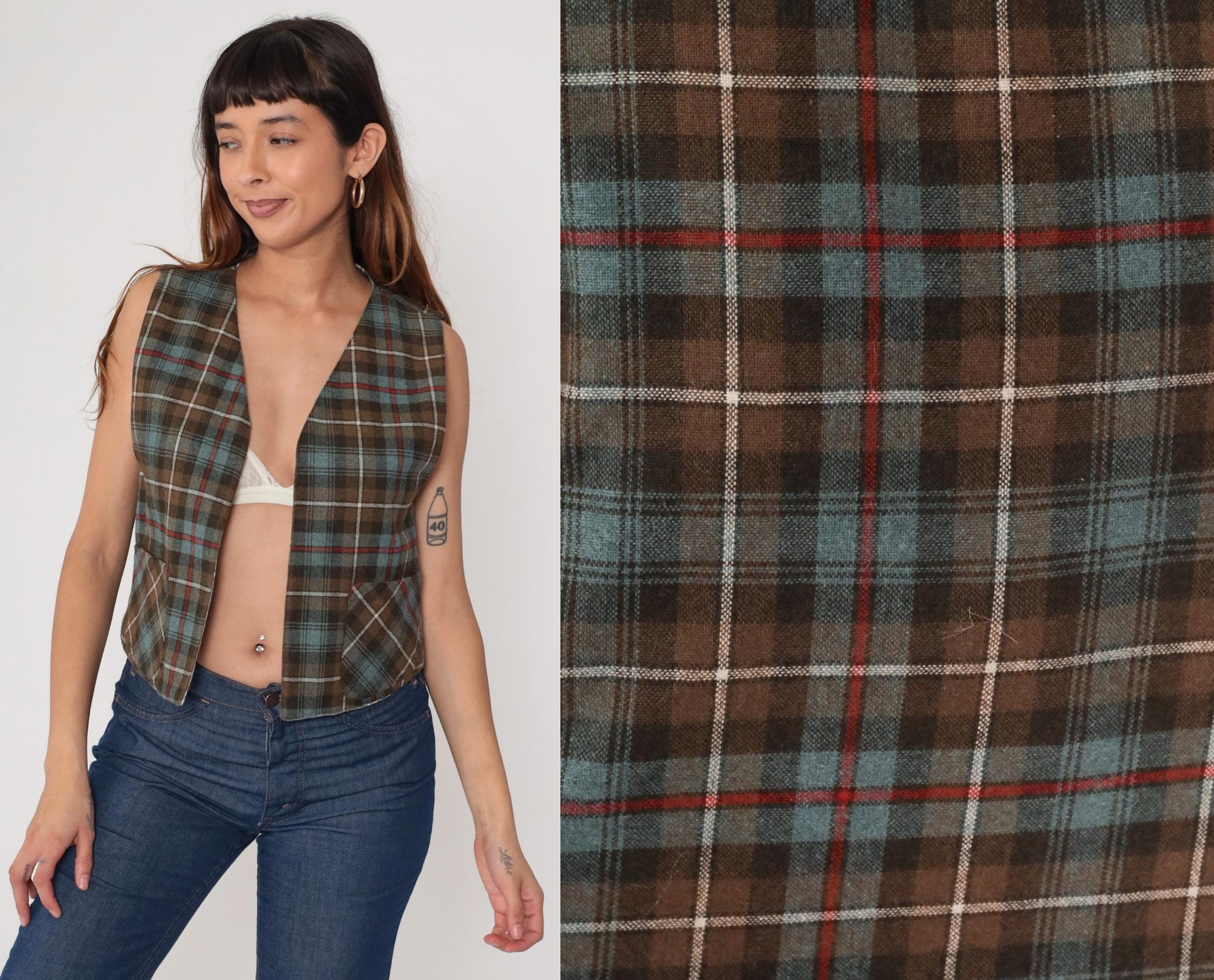 70s Plaid Reversible Vest Brown Blue Cream Tartan Waistcoat Medium