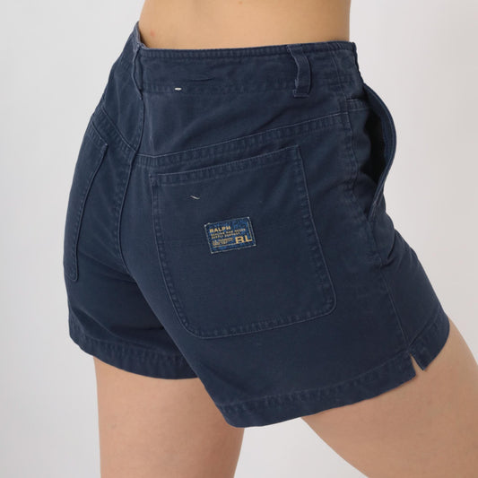Ralph Lauren Navy Cotton Twill Shorts High Waisted Button Front 90s Small
