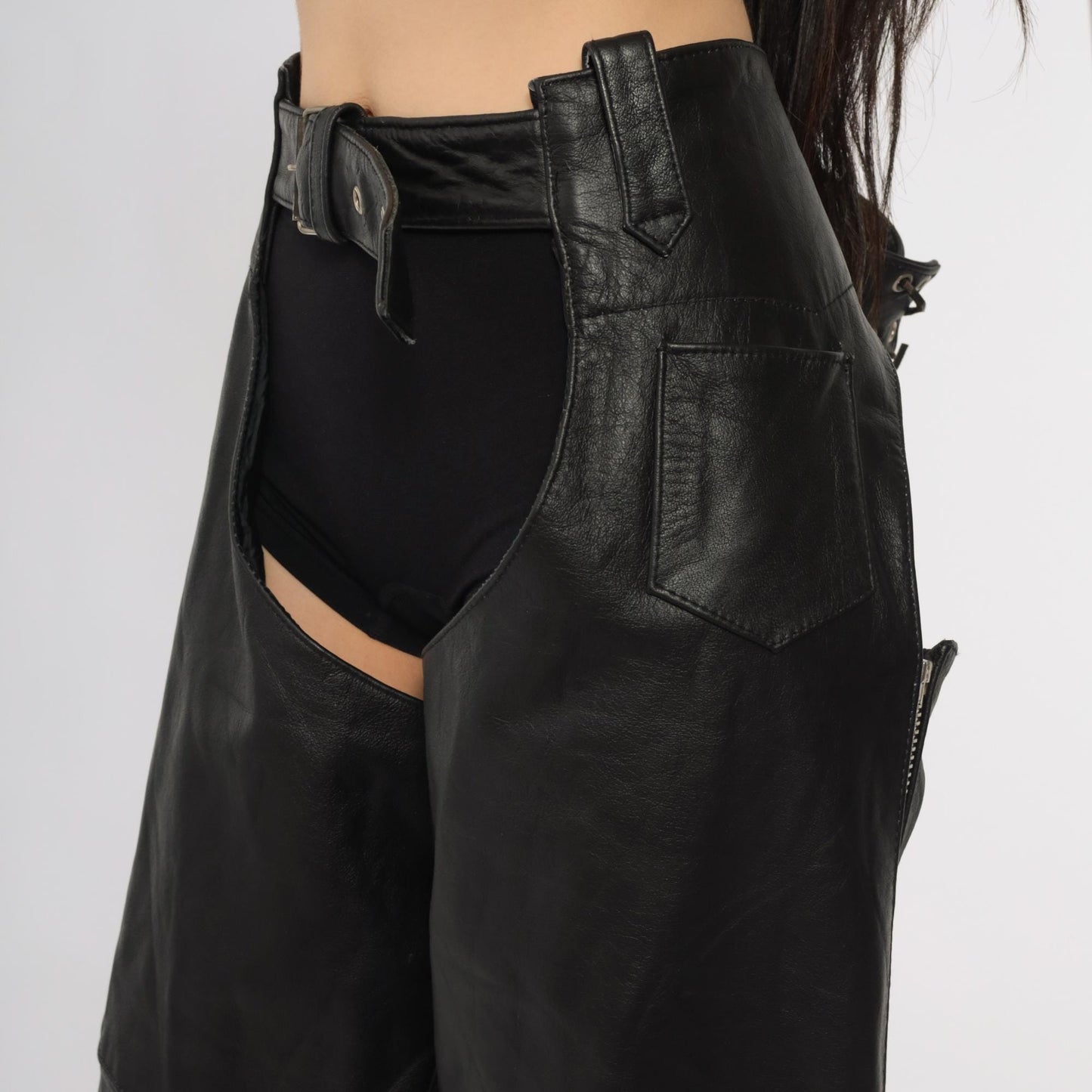 90s Xelement Black Leather Chaps Motorcycle Gear Buckle Lace-Up Large L