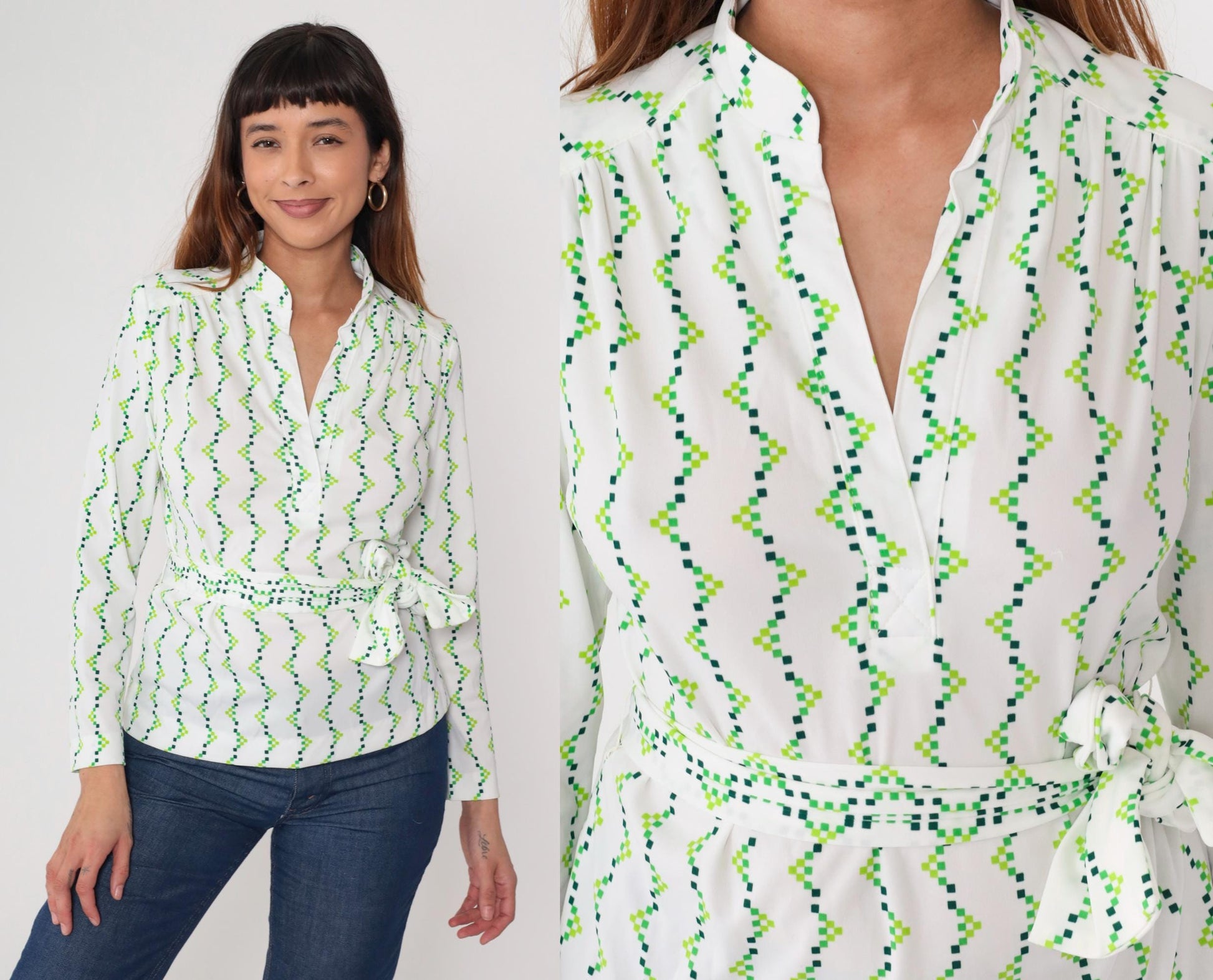 70s White Green Geometric Zigzag Blouse V Neck Wrap Tie Waist Small
