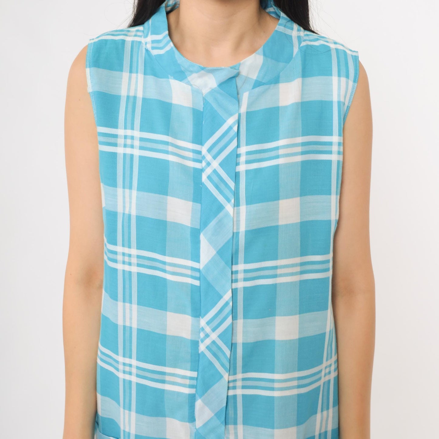 60s Carol Brent Plaid Shift Dress Aqua Blue White A-Line Large L