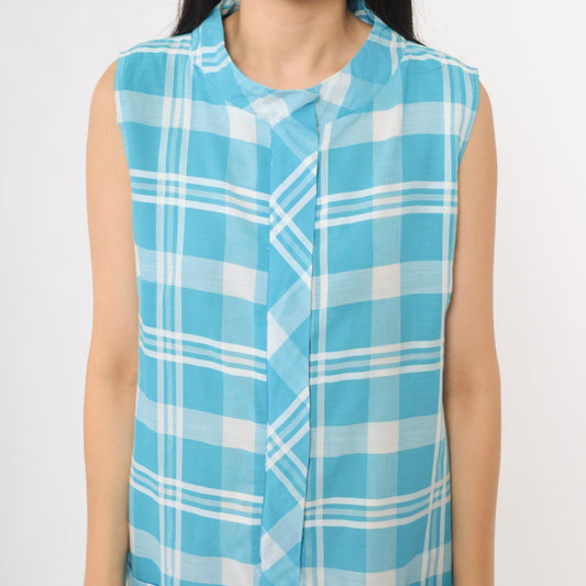 60s Carol Brent Plaid Shift Dress Aqua Blue White A-Line Large L