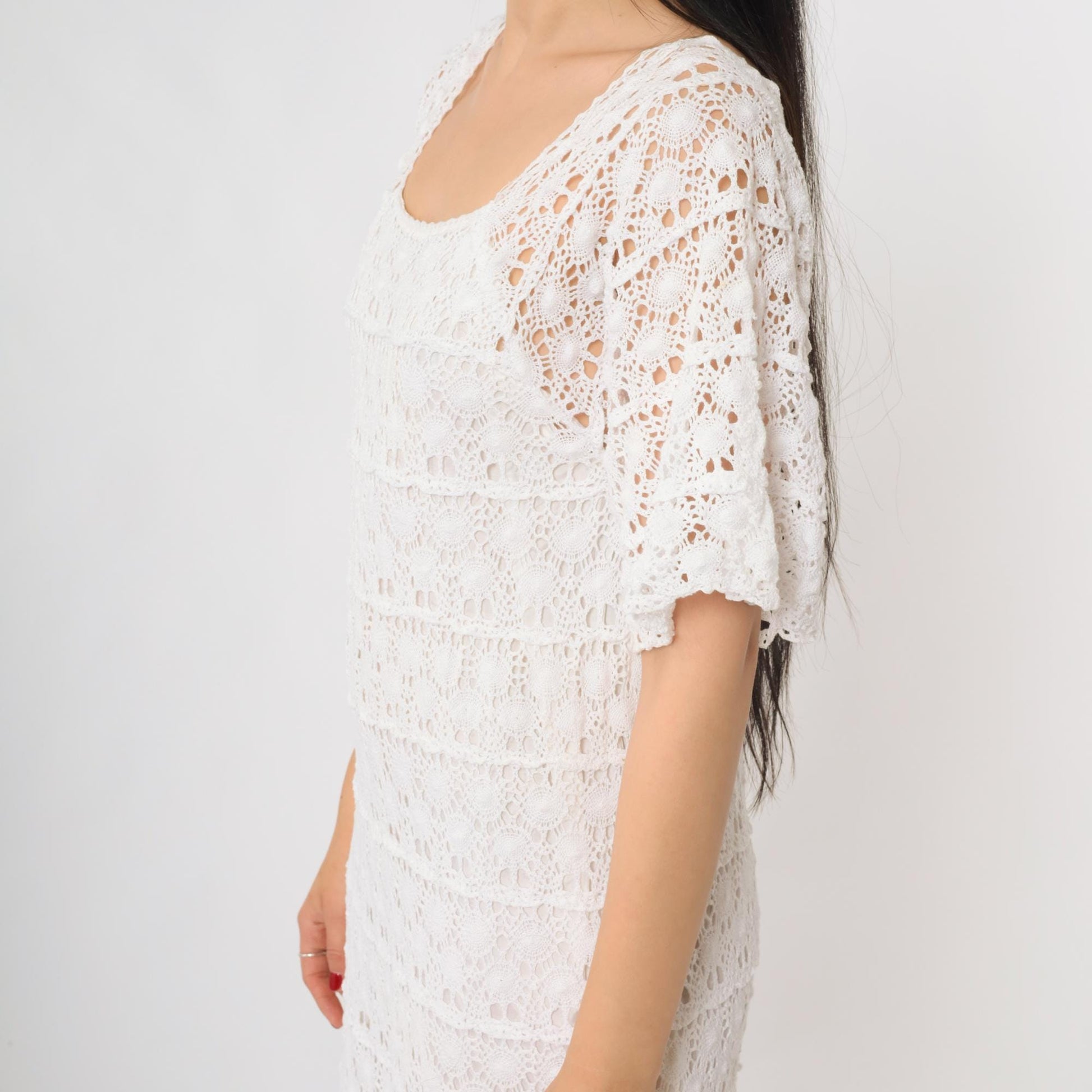 60s White Crochet Lace Maxi Dress Long Sleeve Scoop Neck Small XS