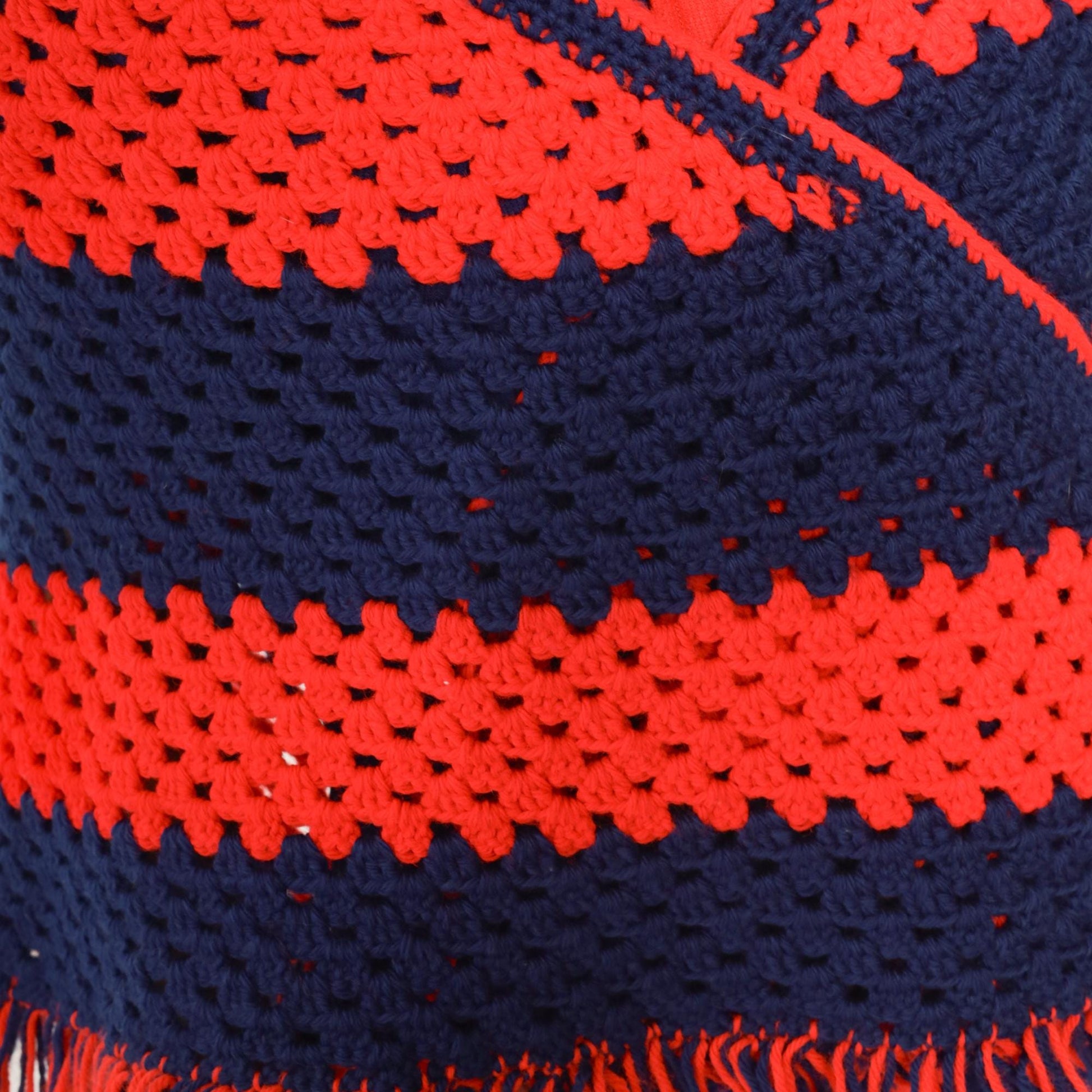 70s Crochet Shawl Red Navy Granny Square Triangle Poncho Fringe One Size