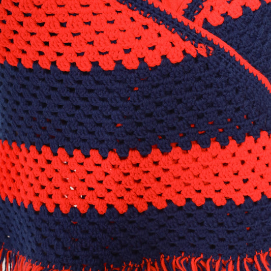 70s Crochet Shawl Red Navy Granny Square Triangle Poncho Fringe One Size