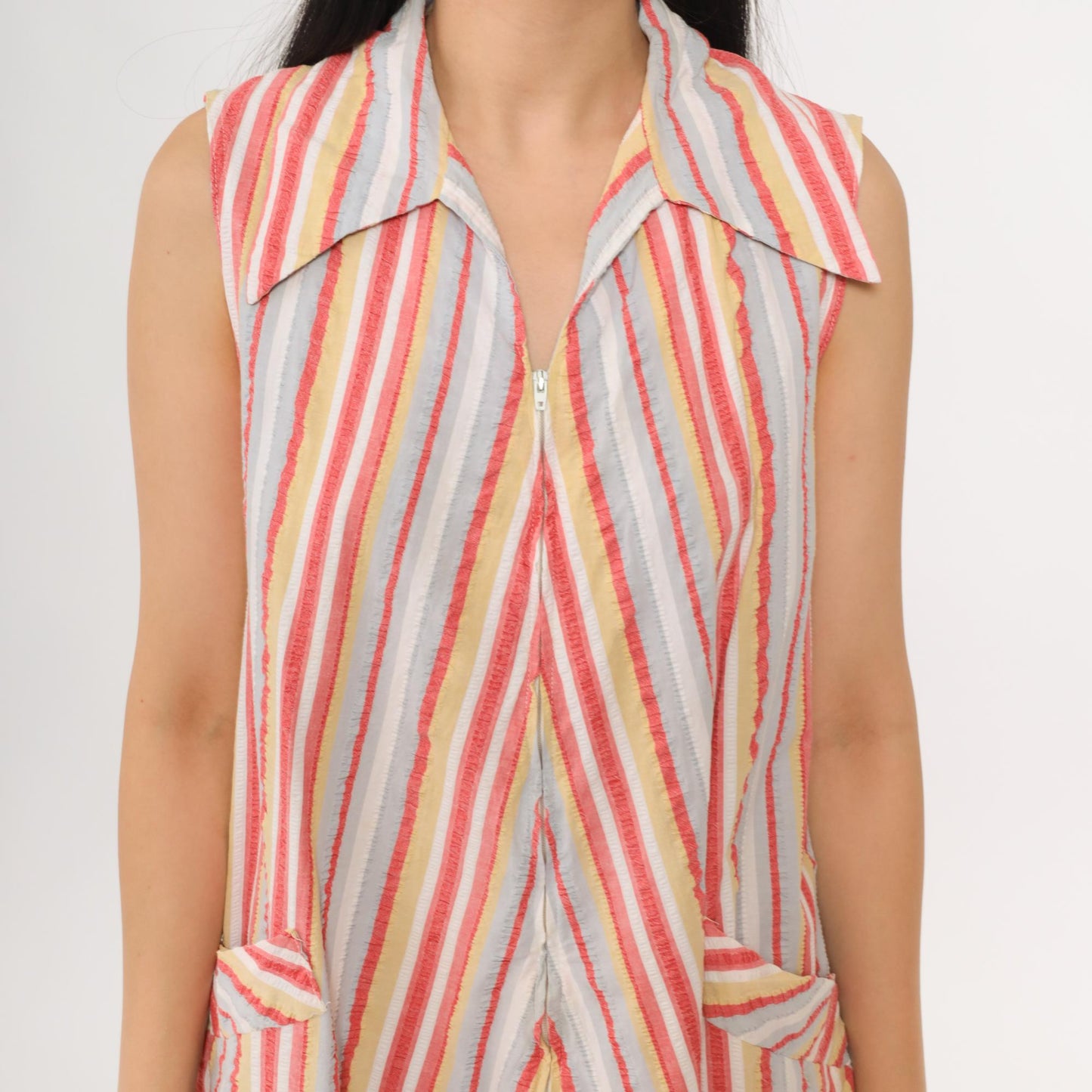 70s Go-Ins Rainbow Stripe A-Line Zip Front Dress Cotton Medium