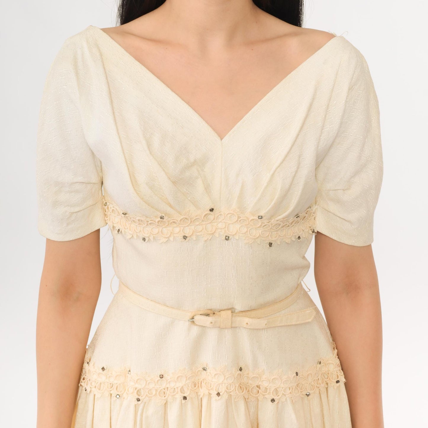 60s Ivory Cocktail Dress V Neck Beaded Belted Midi Fit Flare Extra Small