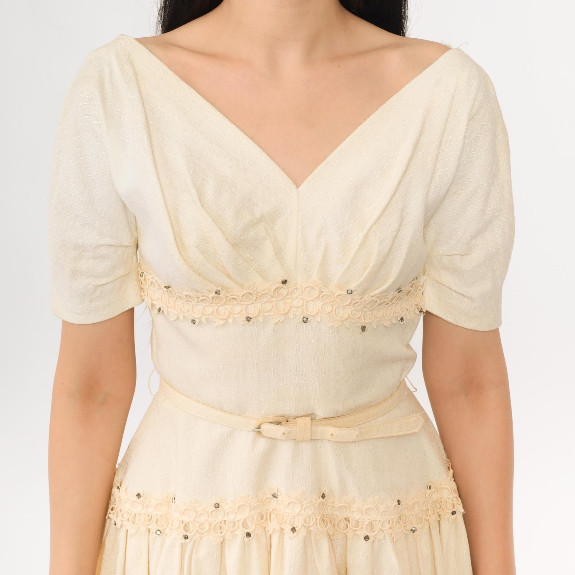 60s Ivory Cocktail Dress V Neck Beaded Belted Midi Fit Flare Extra Small