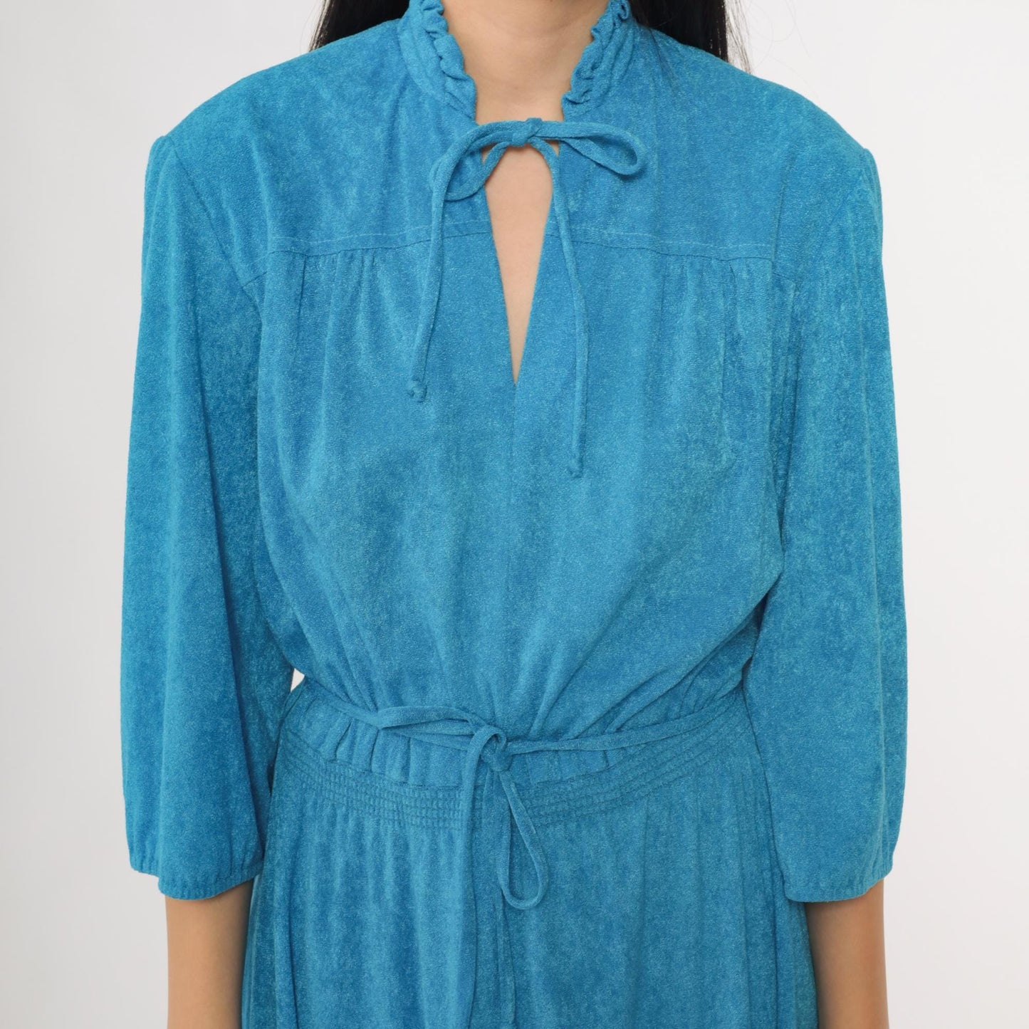 70s Blue Terrycloth Dress Ruffle Tie Front Keyhole Three Quarter Sleeve Midi Large L