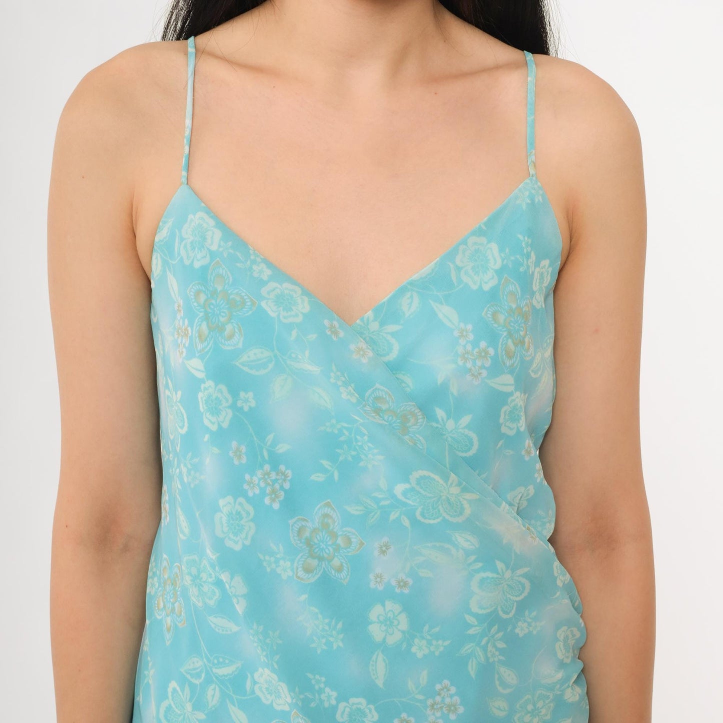 Y2K New York & Company Aqua Floral Slip Dress Midi Spaghetti Strap Large