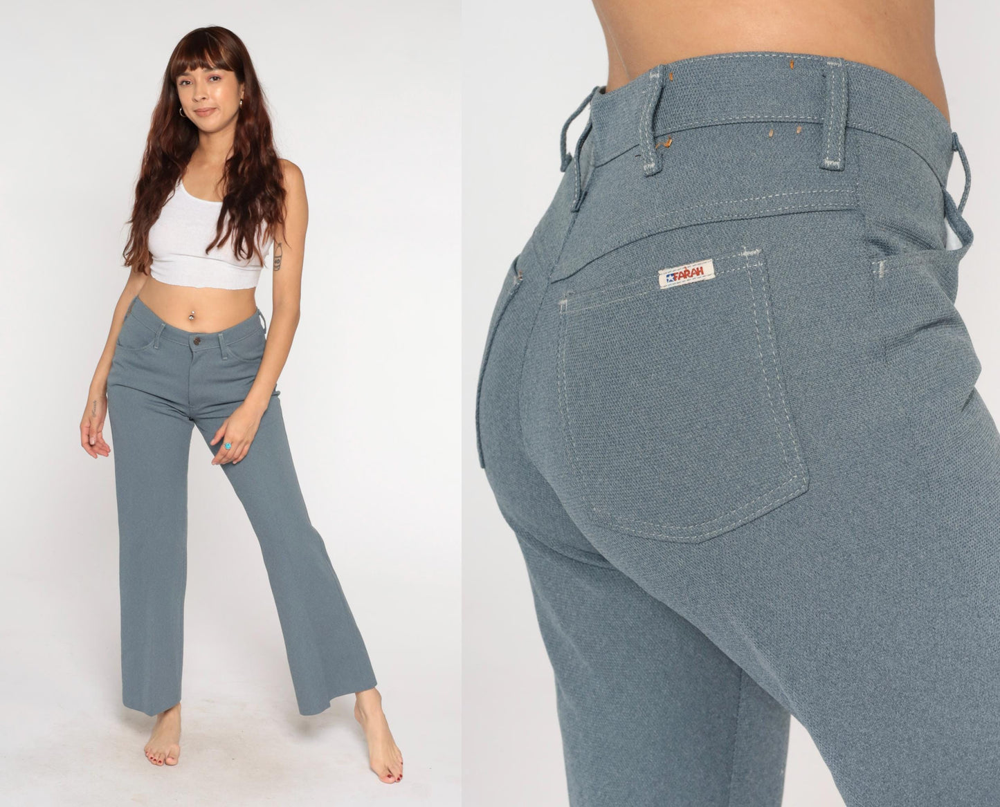 70s Farah Flare Pants Grey High Waisted Bell Bottom Polyester Medium