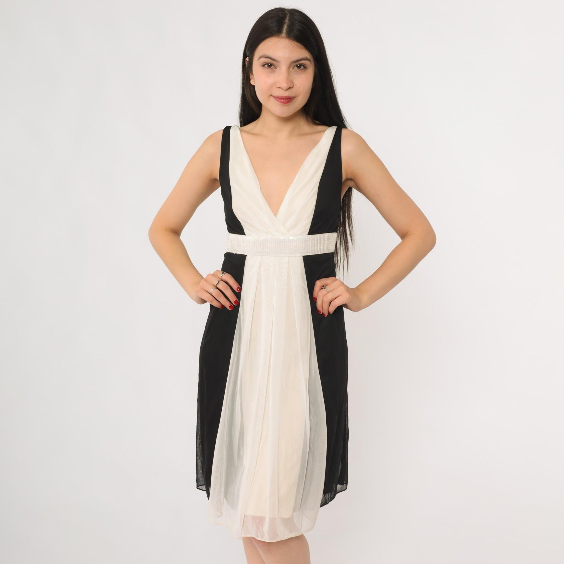 Y2K Ruby Rox Black Cream Colorblock Mini Dress Deep V Empire Waist Small