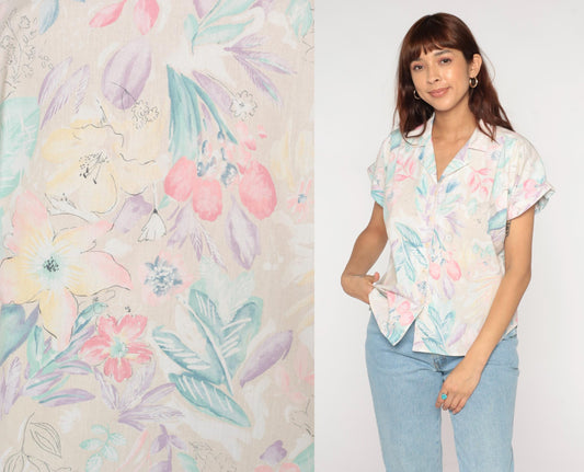 1990s Tapestry Pastel Floral Cotton Button-Up Shirt Short Sleeve Medium