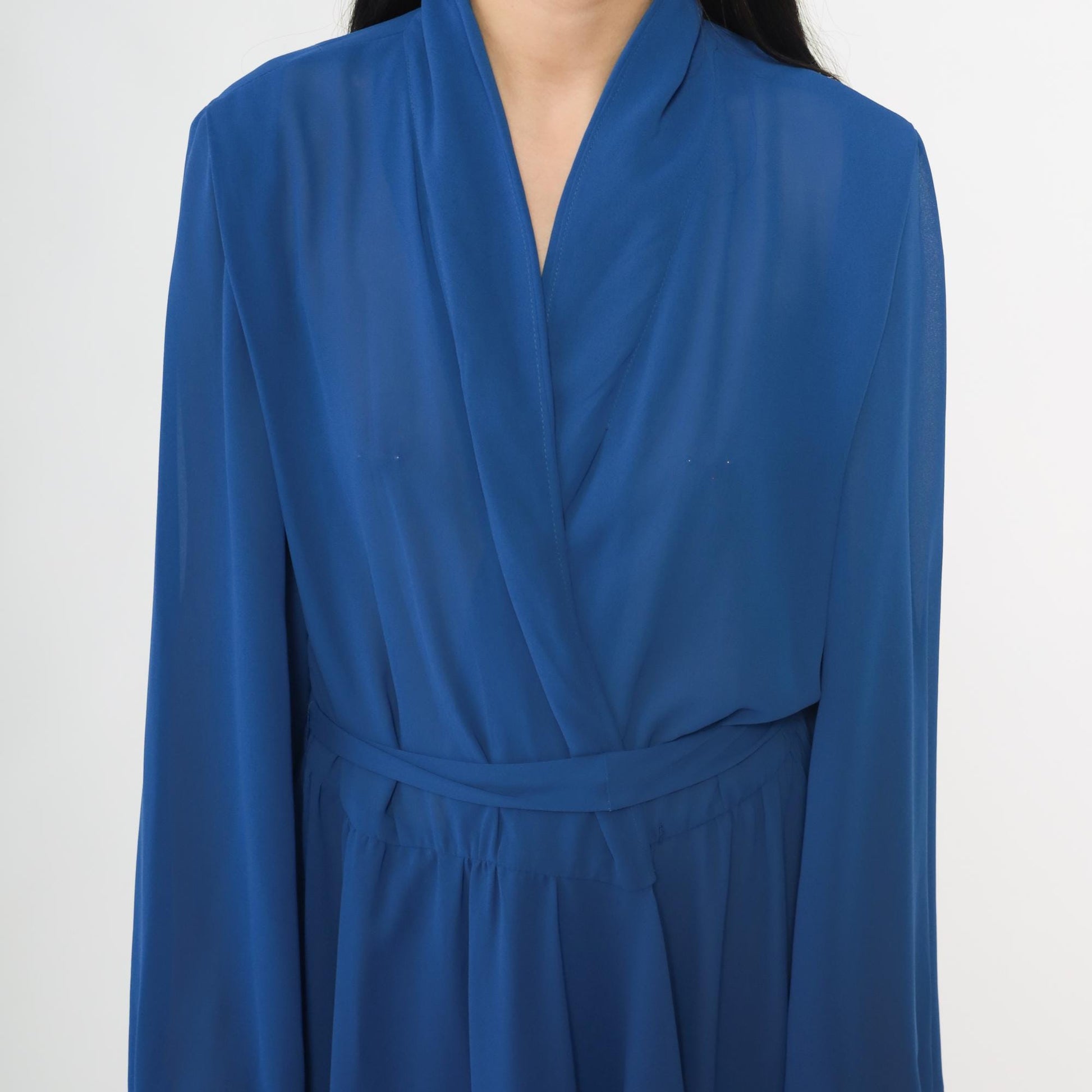 80s Royal Blue Wrap Dress Miss Elliette Midi Tie Waist Long Sleeve Large L