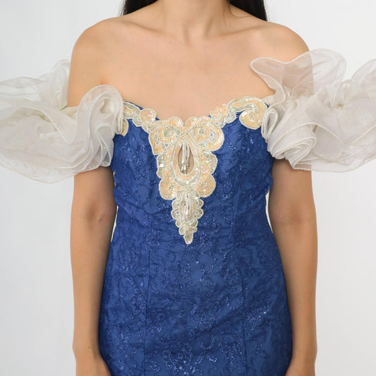 80s Royal Blue Lace Prom Gown Loralie Beaded Strapless Small