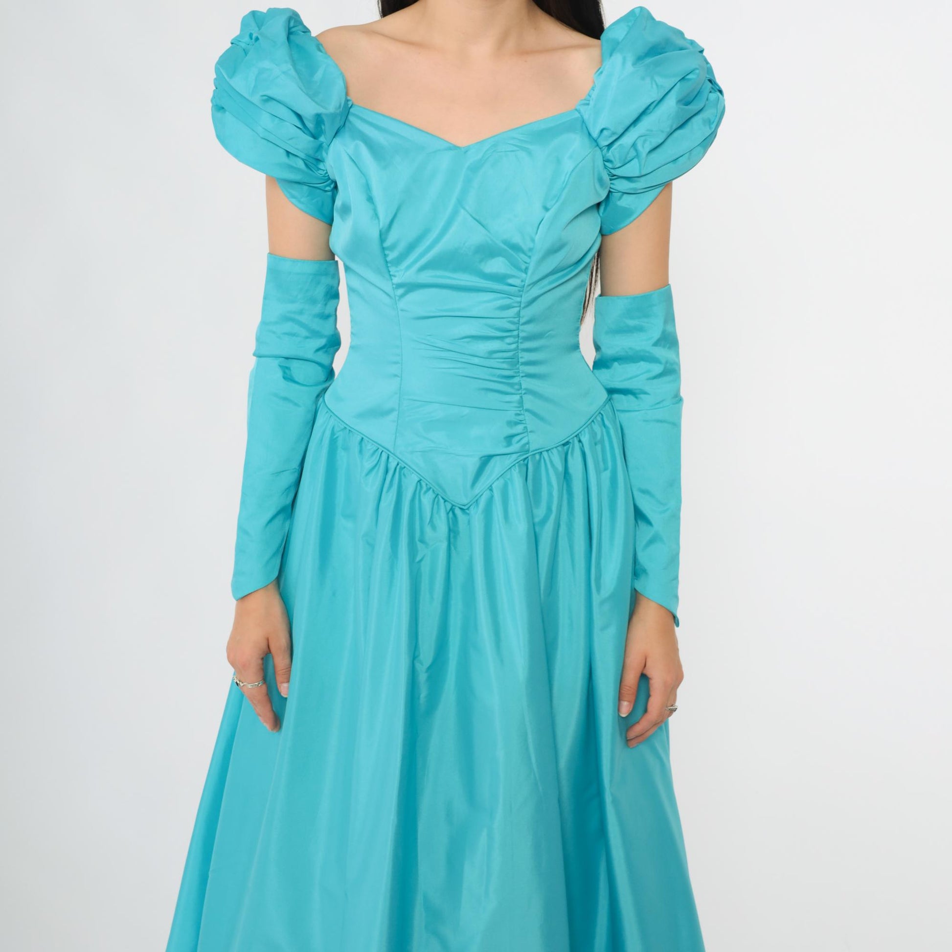 80s Turquoise Ball Gown Puff Sleeve Off-Shoulder Sweetheart Neckline Extra Small XS