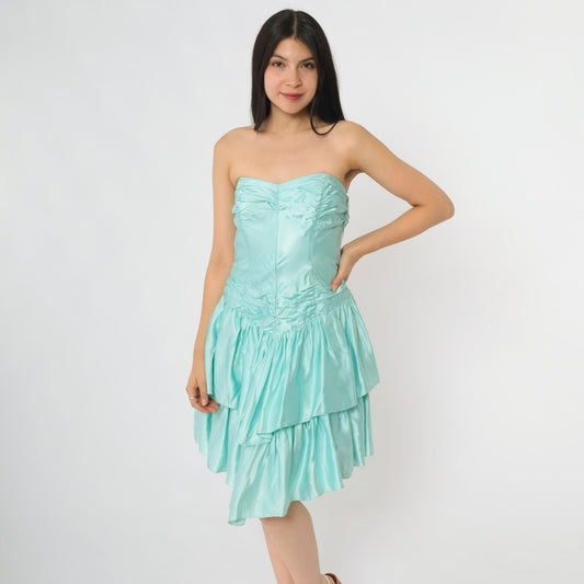 90s Roberta Mint Satin Strapless Mini Dress Tiered Ruffle Sweetheart Neckline Extra Small XS