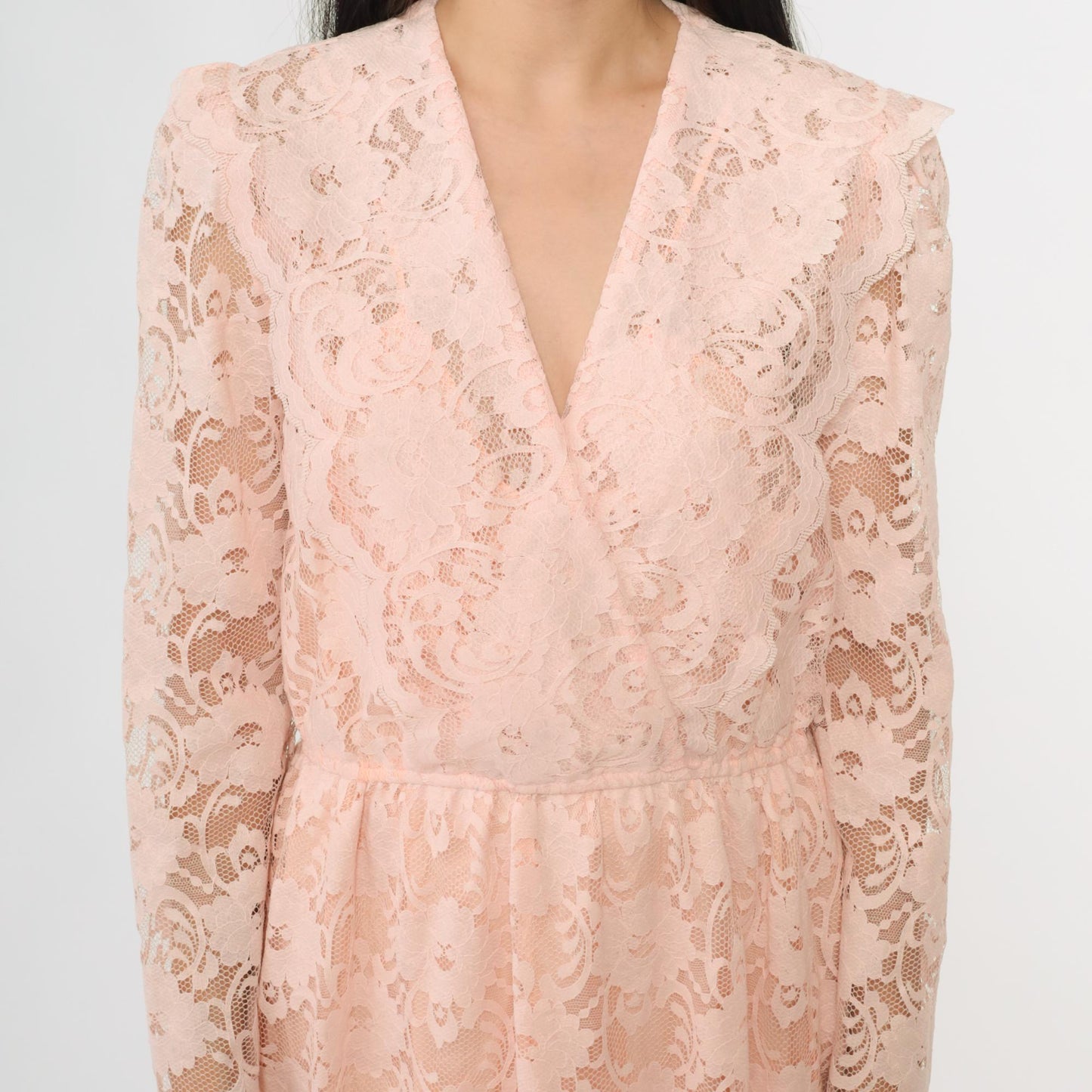 80s Blush Pink Floral Lace Maxi Dress V-Neck Empire Waist Small