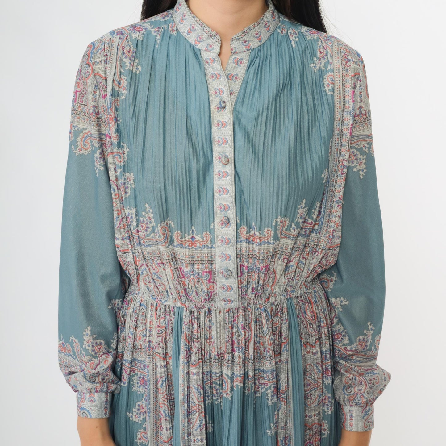 80s Hal Ferman Sage Green Midi Dress Paisley Floral Print Mandarin Collar Medium
