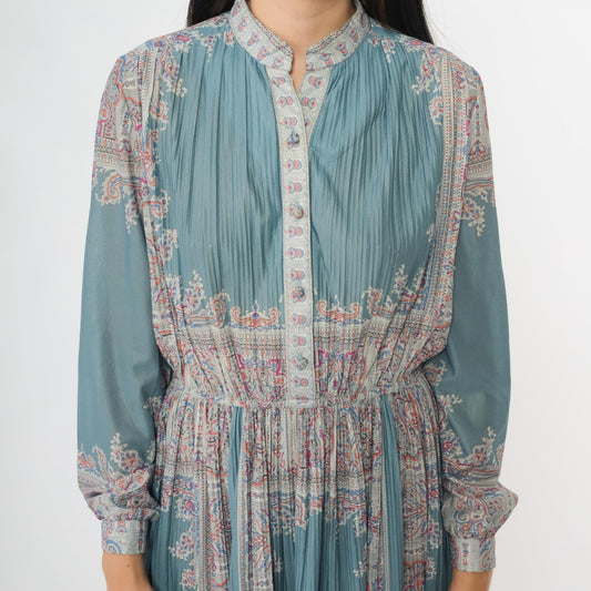 80s Hal Ferman Sage Green Midi Dress Paisley Floral Print Mandarin Collar Medium