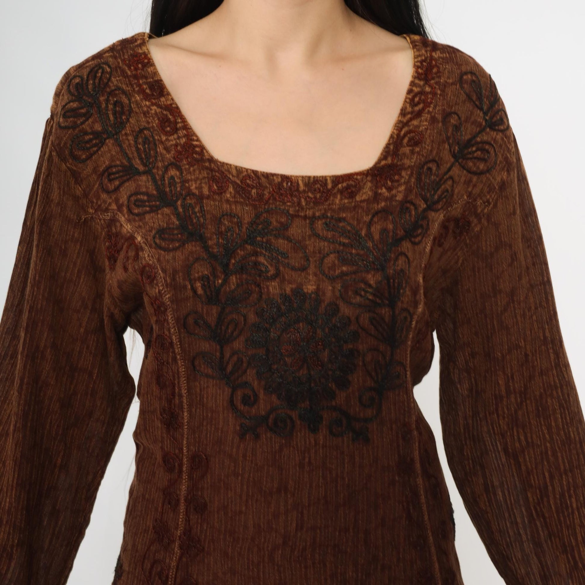 Y2K Brown Floral Embroidered Midi Dress Square Neck Long Sleeve Medium