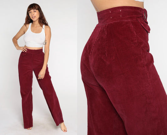 80s Burgundy Corduroy High-Waist Straight-Leg Trousers Medium M