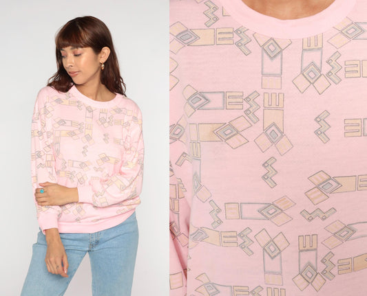 90s Julie Girl Pink Geometric Sweatshirt Crew Neck Abstract Pattern Small
