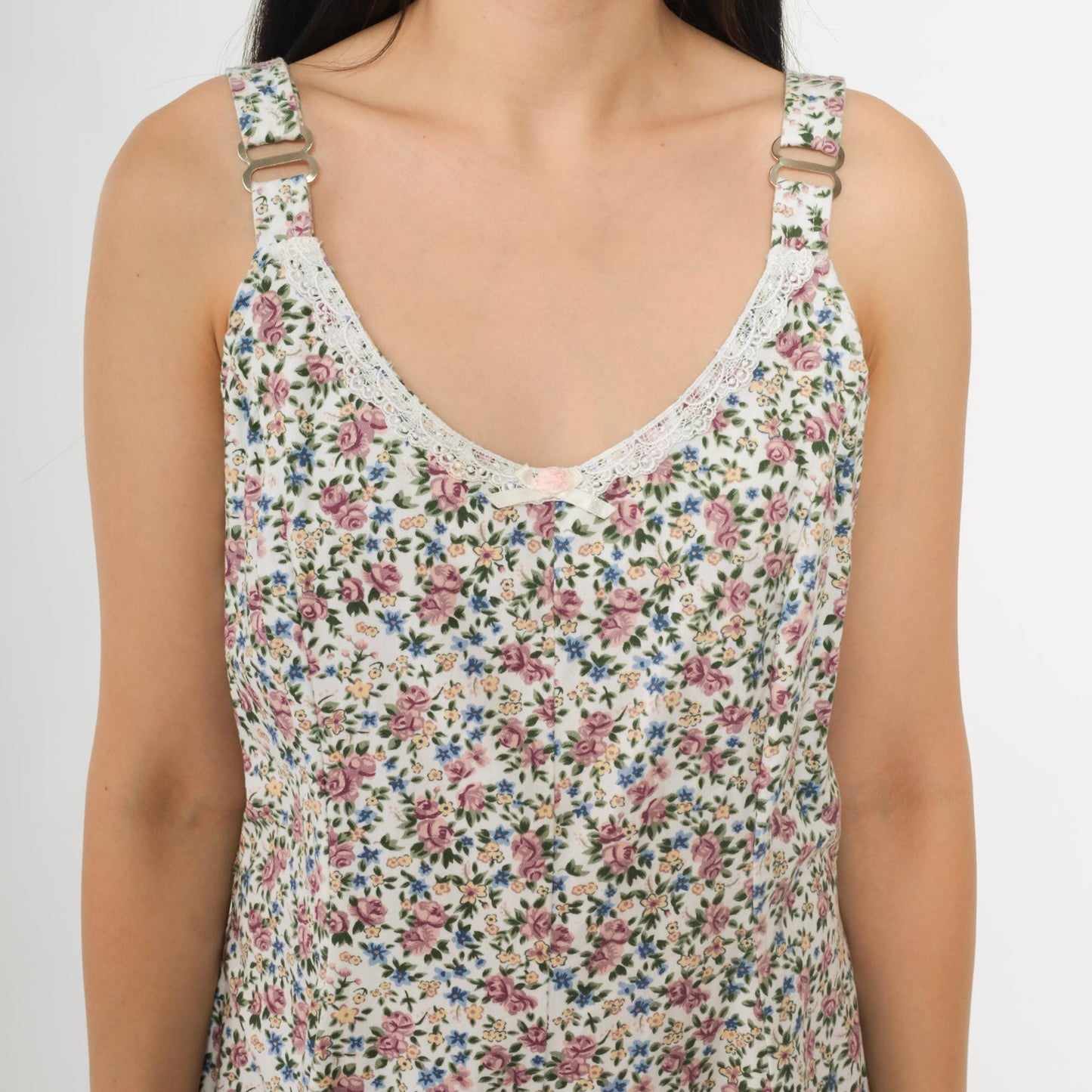 90s Stefano International White Floral Mini Romper Tank V-Neck Lace Trim Medium